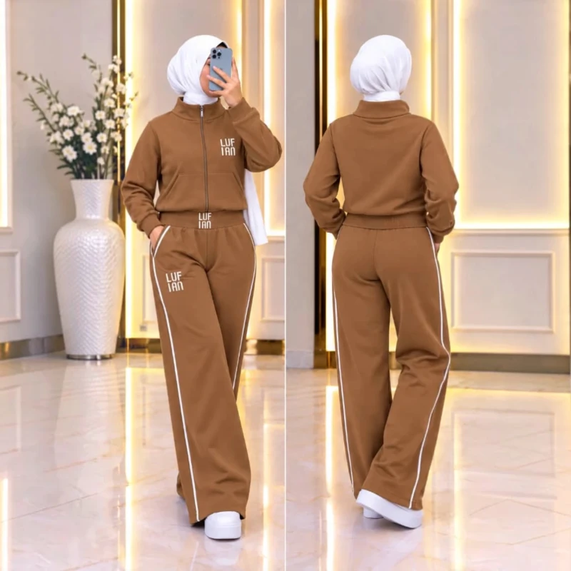بيجامة نسائية قطن فليس قطعتين – هودي بسحاب وبنطال فري سايز