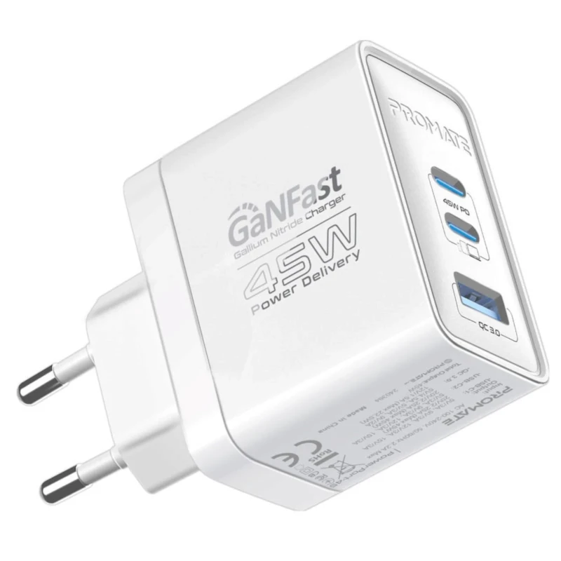 شاحن جداري Promate PowerPort-45 – GaN بثلاثة منافذ 45 واط