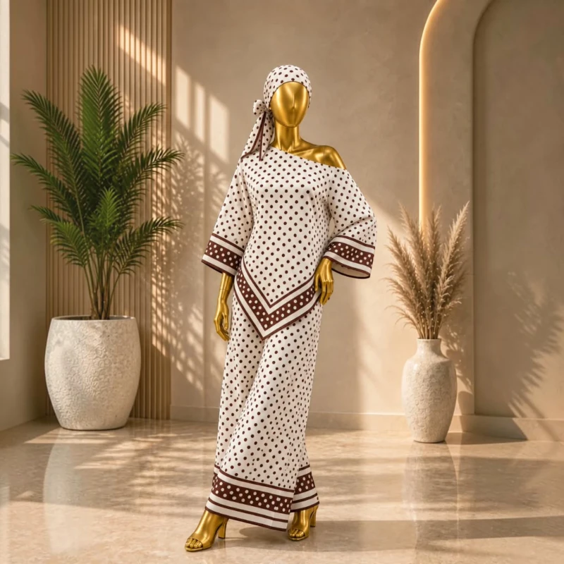طقم نسائي واسع بنقشة مزخرفة – تصميم أنيق باللون بني