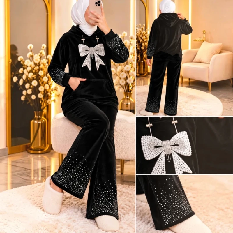 طقم نسائي مخمل مبطن قطعتين – فيونكة وزخرفة لامعة بمقاسات 40–44