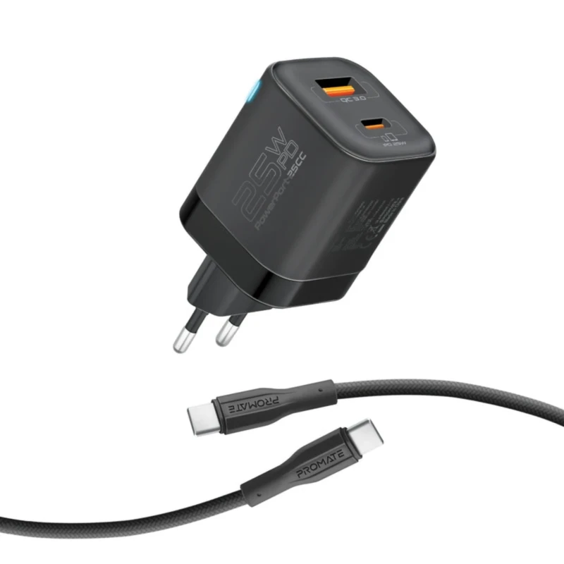 طقم شاحن USB-C Promate PowerPort-25CC – 25 واط مع كابل 1.2 متر