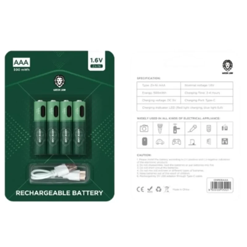 بطاريات AAA قابلة للشحن Green Lion – ‏4 قطع 1.6 فولت